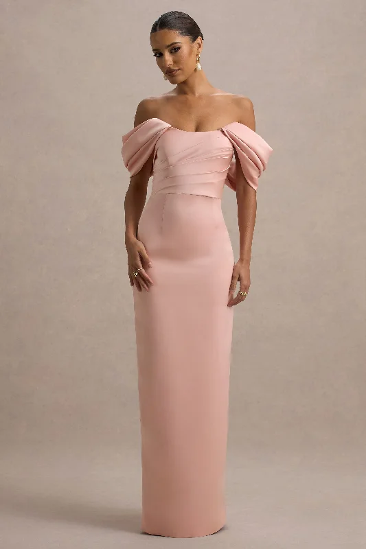 Sheer - panel wedding dresses with a touch of elegance​ Ribbed - texture wedding guest dresses in neutral colors Annita | Light Pink Satin Bardot Maxi Dress