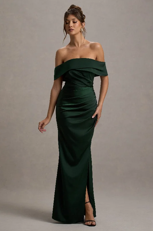 A - line chiffon wedding dresses for a classic look​ Sheath - style wedding guest dresses with lace overlays Martine | Bottle Green Satin Bardot Wrap Maxi Dress