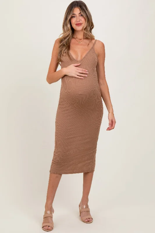 Maternity dress for a coastal vacation Taupe Ribbed Cami Maternity Midi Dress