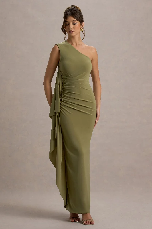 Trumpet - style wedding dresses with a train​ Long - sleeved wedding guest dresses in velvet for a winter wedding Adelina | Olive One-Shoulder Maxi Dress With Drape