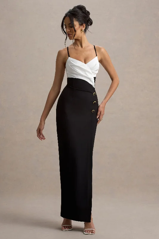 V - neck organza wedding dresses for a romantic touch​ One - shoulder wedding guest dresses with beaded details Rosalind | Black & White Strappy Tailored Maxi Dress With Split