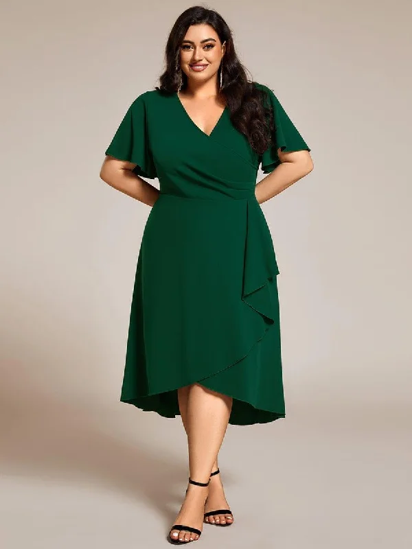 Sheath satin wedding dresses for a sleek appearance​ Midi wedding guest dresses in navy blue for a formal affair pretty FALLON|Plus Size High-Stretch V-neck Midi Wedding Guest Dress