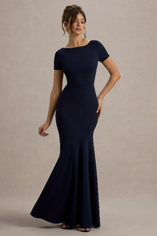 Empire waist wedding dresses with beaded bodices​ Wrap - style wedding guest dresses with bow accents Rian | Navy Short-Sleeve Maxi Dress
