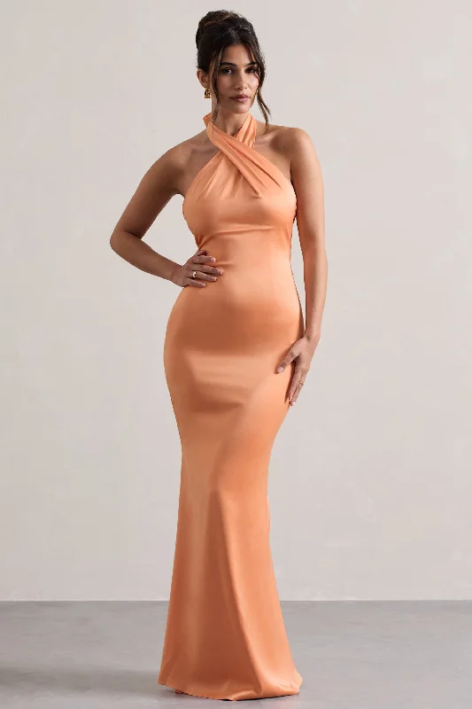 Boho - inspired wedding dresses with floral embroidery​ Wedding guest dresses with empire waists and tulle skirts Unbeatable | Peach Satin Cross Over Halter-Neck Maxi Dress