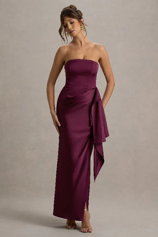 Tea - length wedding dresses with a vintage charm​ Wedding guest dresses with high - low hems and floral appliques Loz | Burgundy Satin Bandeau Draped Maxi Dress