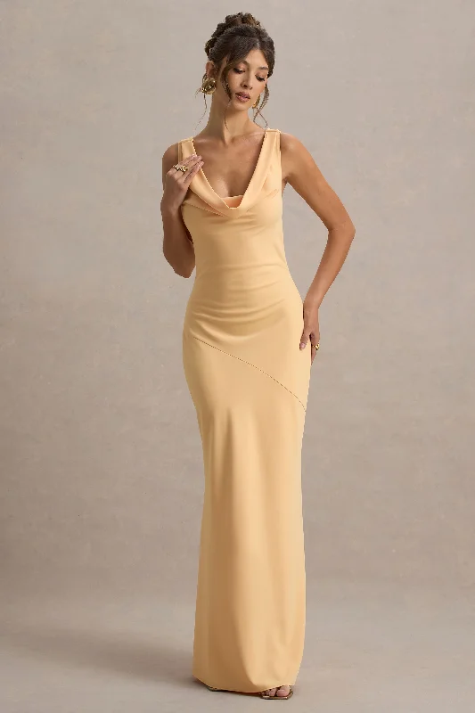 Halter - neck wedding dresses with a unique neckline​ Bow - backed wedding guest dresses in silk for a luxurious feel Alesso | Peach Satin Cowl-Neck Maxi Dress
