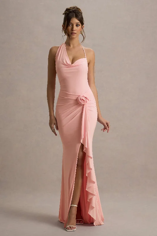 Sheath satin wedding dresses for a sleek appearance​ Midi wedding guest dresses in navy blue for a formal affair Lucena | Pink Cowl-Neck Wrap Maxi Dress With Floral Drape