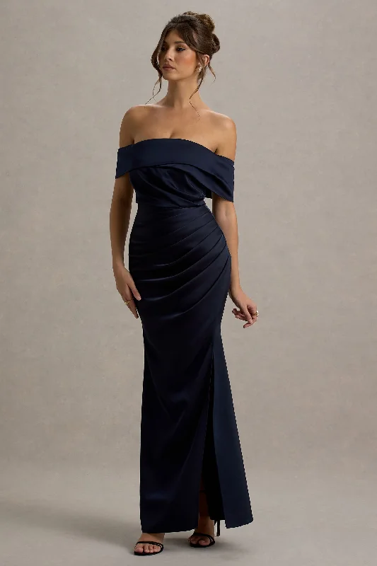 Plus - size wedding dresses with a flattering fit​ Wedding guest dresses with keyhole backs and flowing fabrics Martine | Navy Satin Bardot Wrap Maxi Dress