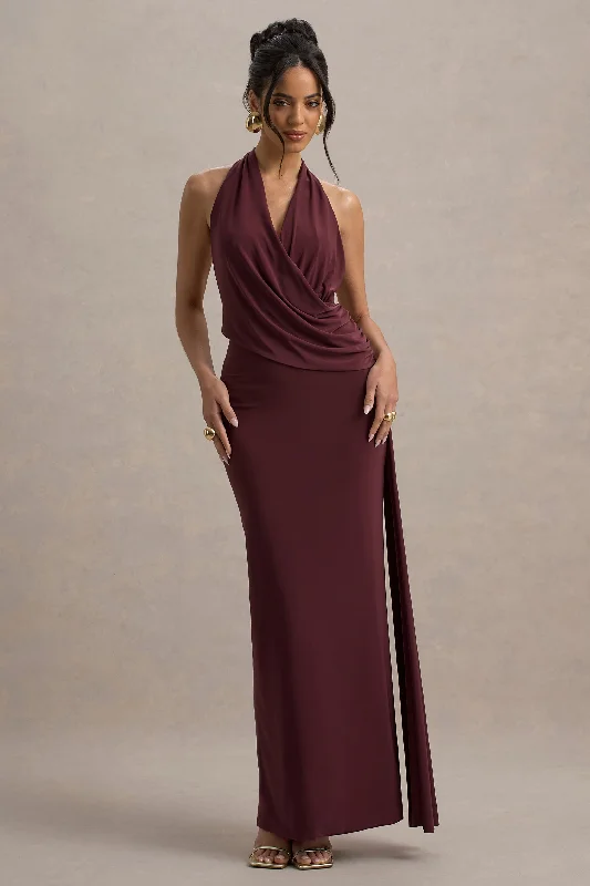 Sleeveless wedding dresses with a beaded belt​ Wedding guest dresses with ruched bodices and spaghetti straps Rosina | Burgundy Halter-Neck Draped Maxi Dress With Sash