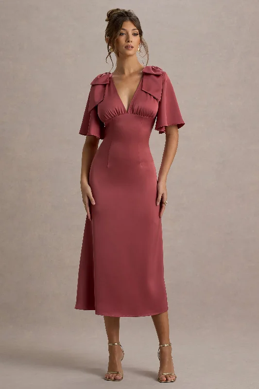 Sheath satin wedding dresses for a sleek appearance​ Midi wedding guest dresses in navy blue for a formal affair Danna | Rose Pink Satin V-Neck Short-Sleeve Midi Dress