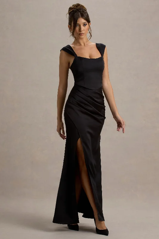 Wedding dresses with a detachable skirt for versatility​ Mini wedding guest dresses with glittery accents for a trendy look Admire | Black Satin Corset Wrap Maxi Dress