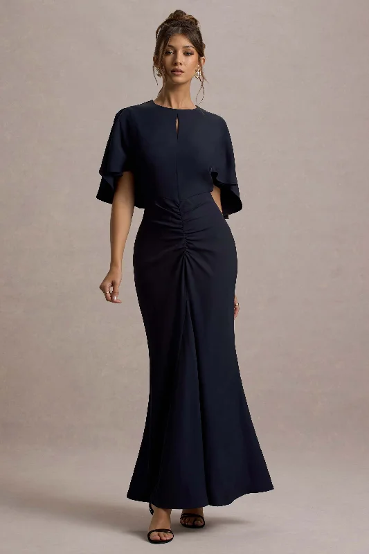 Sequined wedding dresses for a glamorous look​ Wedding guest dresses with button - down fronts and A - line silhouettes Allison | Navy High-Neck Maxi Dress With Cape