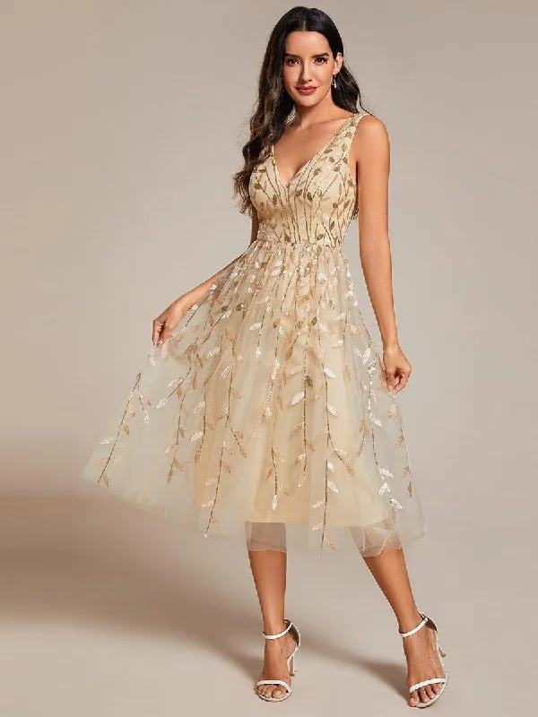 Sequined wedding dresses for a glamorous look​ Wedding guest dresses with button - down fronts and A - line silhouettes ever ROUX|V-Neck Leaf Sequined Sleeveless A-Line Midi Wedding Guest Dress