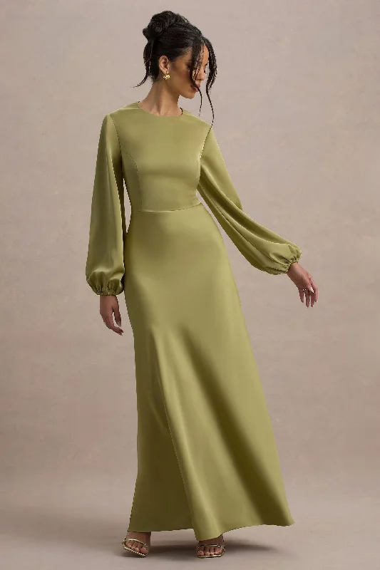 Boho - inspired wedding dresses with floral embroidery​ Wedding guest dresses with empire waists and tulle skirts Crawley | Light Green Satin Puff-Sleeve Maxi Dress