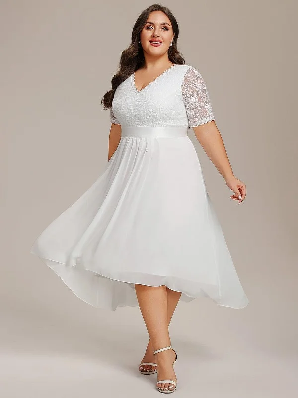 Cathedral train wedding dresses for a grand entrance​ Cotton wedding guest dresses with smocked details for a casual wedding pretty JOLEN|Plus Size Half Sleeve Lace Pleated V-Neck Midi Wedding Guest Dress