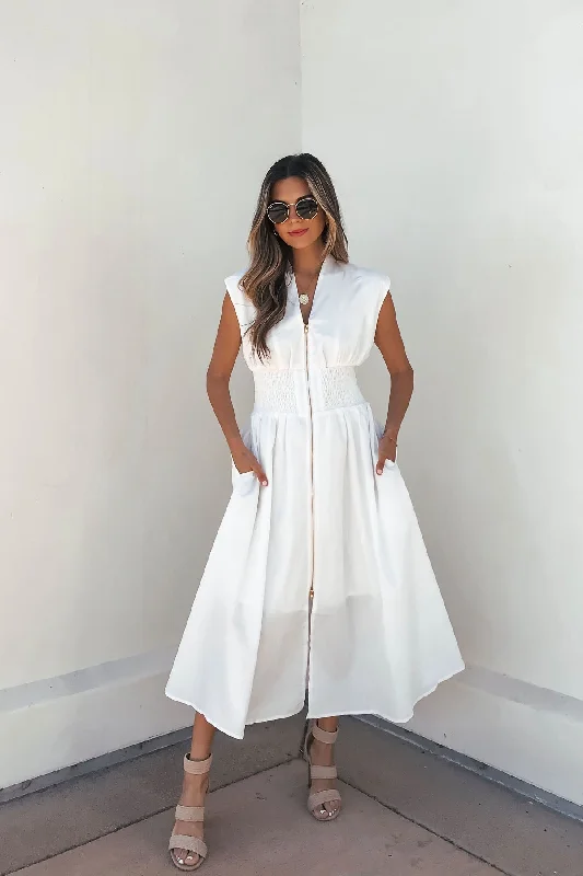 Halter - neck wedding dresses with a unique neckline​ Bow - backed wedding guest dresses in silk for a luxurious feel Solid Zip Up Front Midi Dress - White