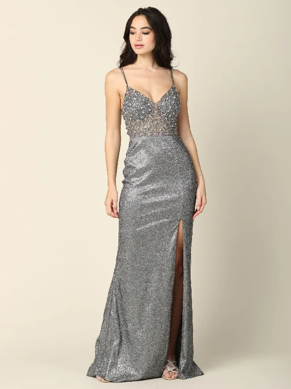 Bohemian style maternity dress for beach weddings Prom Long Spaghetti Strap Formal Metallic Dress