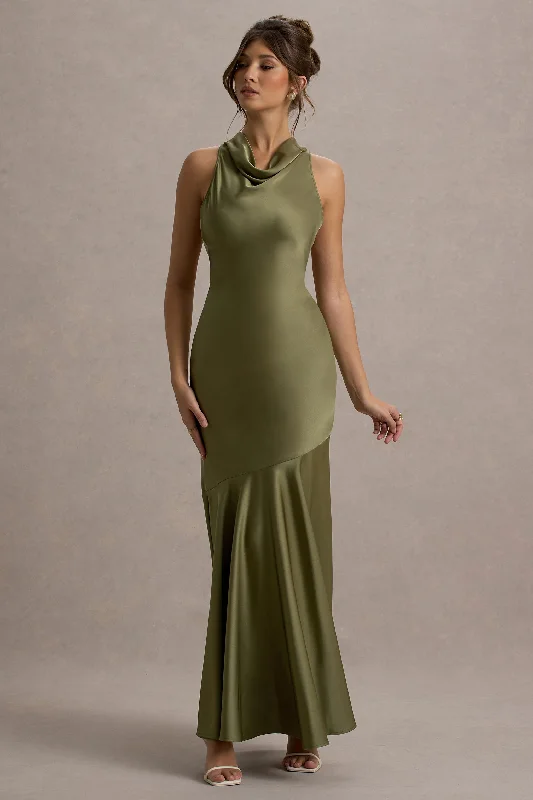 Wedding dresses with a corseted bodice for a cinched waist​ Satin wedding guest dresses with side slits for a sexy touch Amelita | Khaki Satin Cowl-Neck Maxi Dress