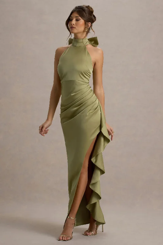 Backless wedding dresses with lace - up details​ Wedding guest dresses with tiered skirts for a feminine look Maureen | Light Green Satin High-Neck Draped Maxi Dress
