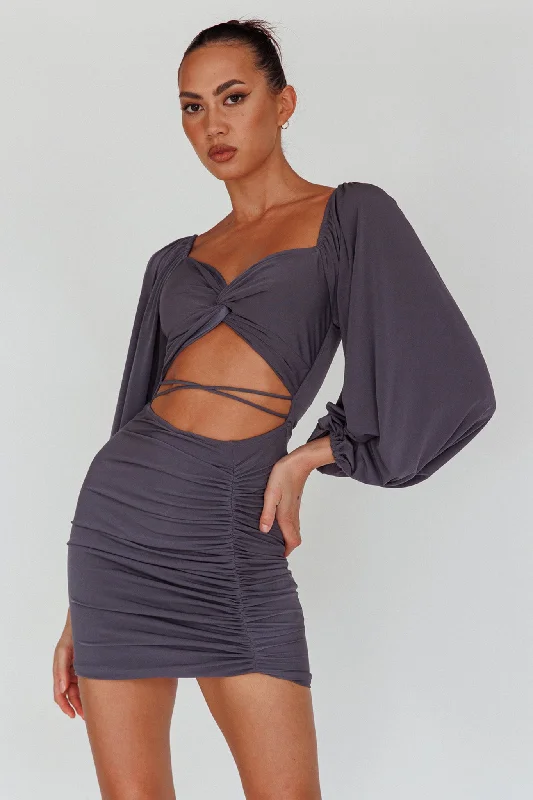 Mini dresses with gathered skirts for a voluminous effect In Luck Cut-Out Waist Ruched Mini Dress Charcoal