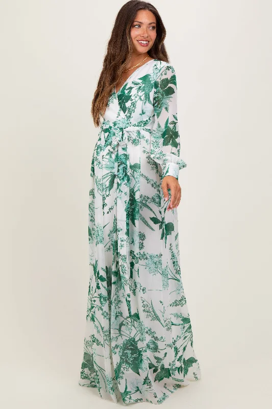V neck maternity bodycon dress for photoshoot Forest Green Floral Chiffon Long Sleeve Maternity Maxi Dress