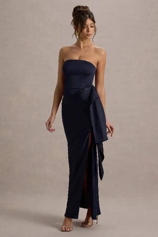 Silk wedding dresses with a smooth and luxurious feel​ Wedding guest dresses with cut - out details and midi lengths Loz | Navy Satin Bandeau Draped Maxi Dress