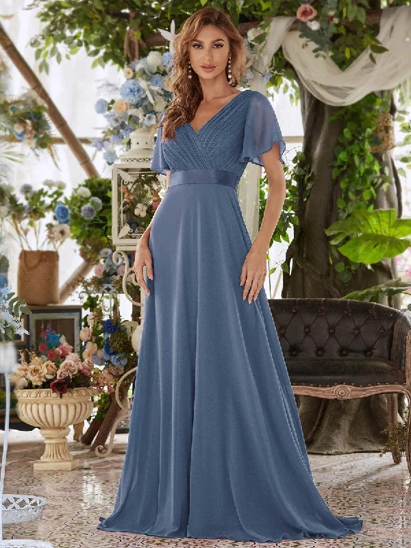 Sheath satin wedding dresses for a sleek appearance​ Midi wedding guest dresses in navy blue for a formal affair ever SERENNE|Long Chiffon Empire Waist Bridesmaid Dress with Short Flutter Sleeves