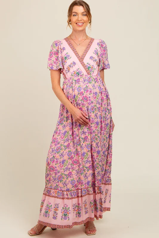 Maternity dress for a tea party Pink Floral Border Printed Woven Short Sleeve V-Neck Maternity Maxi Dress