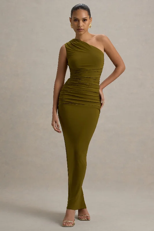 Wedding dresses with a corseted bodice for a cinched waist​ Satin wedding guest dresses with side slits for a sexy touch Dalarie | Green One-Shoulder Gathered Maxi Dress