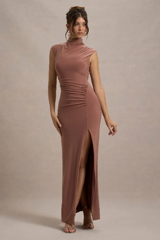V - neck organza wedding dresses for a romantic touch​ One - shoulder wedding guest dresses with beaded details Lanetta | Chestnut Brown Ruched High-Neck Maxi Dress With Split