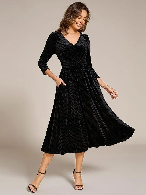 Backless wedding dresses with lace - up details​ Wedding guest dresses with tiered skirts for a feminine look ever ARLET|Long Sleeve High Stretch Velvet Tea Length Wedding Guest Dress