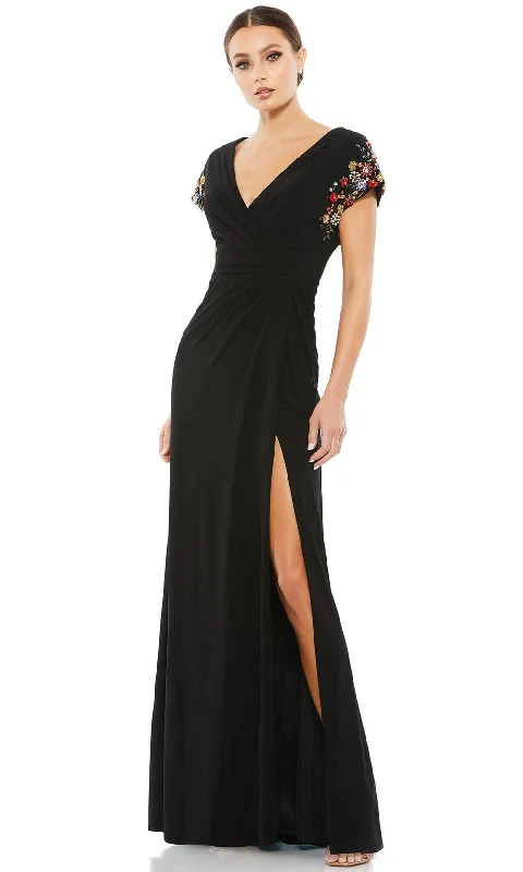 Long - train wedding dresses with a sweep train option​ Wedding guest dresses with abstract prints and long trains Mac Duggal 55709 - Floral Beaded Mother of the Bride Gown