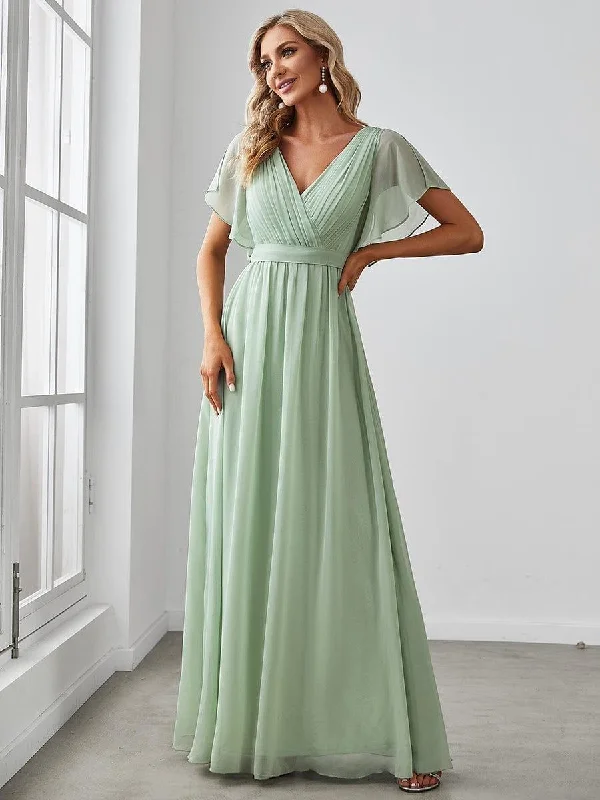 V - neck organza wedding dresses for a romantic touch​ One - shoulder wedding guest dresses with beaded details ever LEORA|Flowy Pleated A-Line Chiffon Tie-Waist Bridesmaid Dress