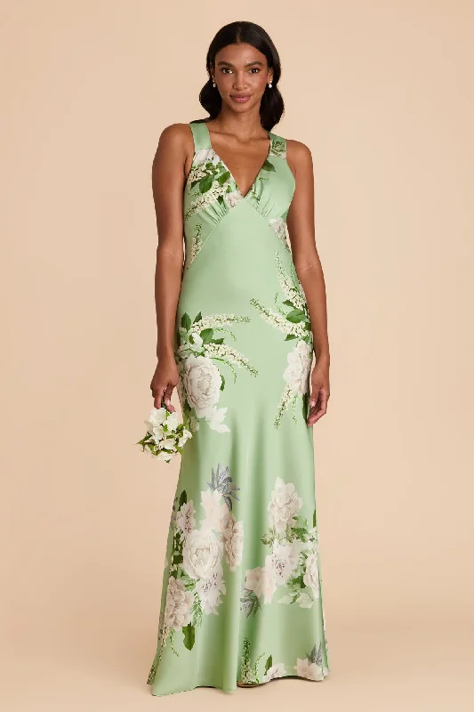 Maternity dress for a christening Veronica Matte Satin Dress - Pistachio Garden Bloom