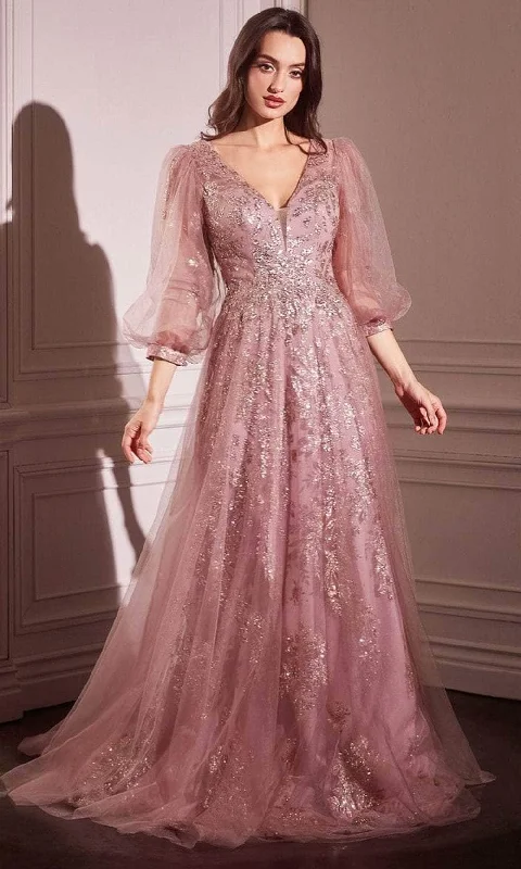 Square - neck wedding dresses with a demure look​ Plaid wedding guest dresses in muted colors for a fall wedding Ladivine CD0102 - Long Sleeve Applique Gown