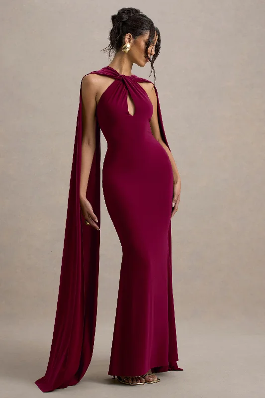 Trumpet - style wedding dresses with a train​ Long - sleeved wedding guest dresses in velvet for a winter wedding Rhoda | Burgundy Twist Halter-Neck Cape Maxi Dress