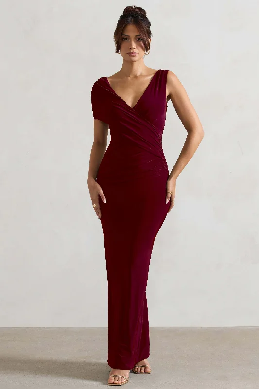 Princess - style wedding dresses with a full skirt​ Wedding guest dresses with cold - shoulder designs and solid colors Capella | Berry Asymmetric Wrap Maxi Dress