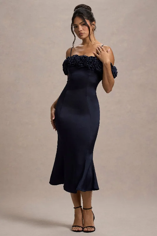 Plus - size wedding dresses with a flattering fit​ Wedding guest dresses with keyhole backs and flowing fabrics Petunia | Navy Satin Floral Bardot Midi Dress