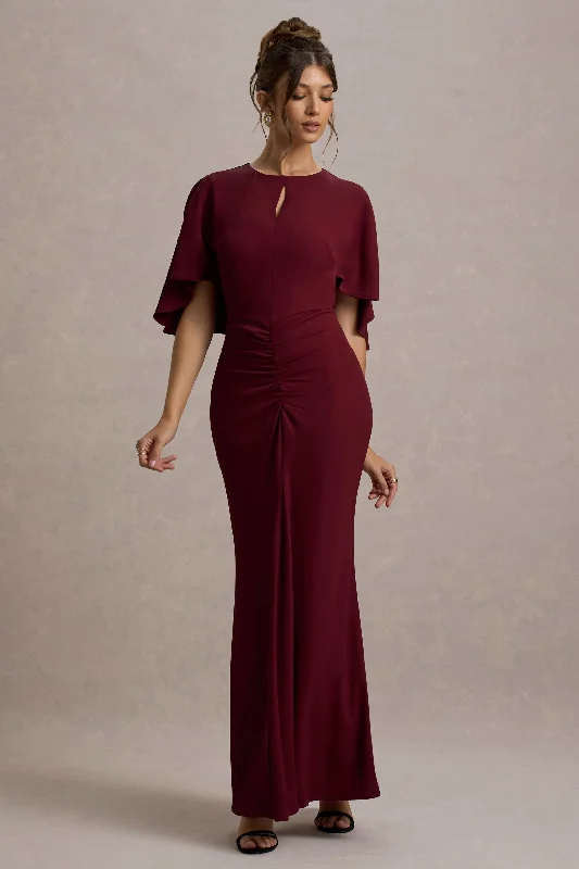 Lace - covered wedding dresses with a scalloped hem​ Wedding guest dresses with fringe accents for a bohemian - inspired wedding Allison | Berry High-Neck Maxi Dress With Cape