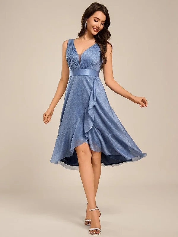 Square - neck wedding dresses with a demure look​ Plaid wedding guest dresses in muted colors for a fall wedding ever AZARIA|Glitter Sleeveless Deep V-Neck A-Line Midi Wedding Guest Dress