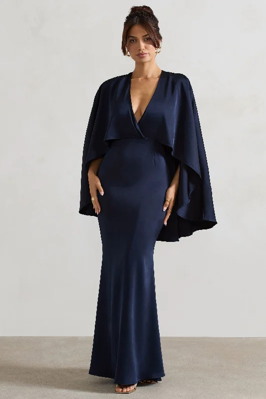Short - length wedding dresses with a flirty skirt​ Sleeveless wedding guest dresses with ruffled hems Yasie | Navy Satin Plunge-Neck Maxi Dress With Cape Sleeves