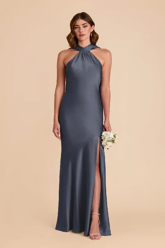 Maternity dress for a baby's first visit to the botanic garden Eileen Matte Satin Dress - Dusk Blue