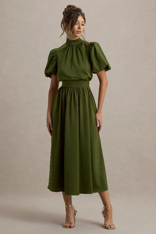 A - line chiffon wedding dresses for a classic look​ Sheath - style wedding guest dresses with lace overlays Persea | Olive Satin Puff-Sleeve Midi Dress With Bow