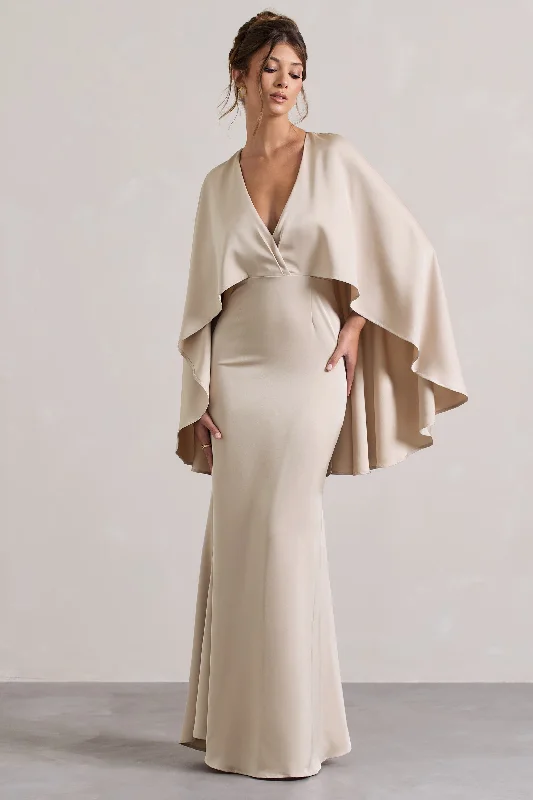 Wedding dresses with a sweetheart - neck and a corseted back​ Wedding guest dresses with gathered skirts and V - necklines Yasie | Champagne Satin Plunge-Neck Maxi Dress With Cape Sleeves