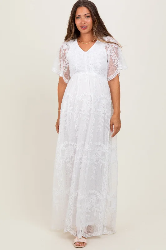 Maternity dress for a baby's first visit to the community garden White Smocked Top Lace Maternity Maxi Dress