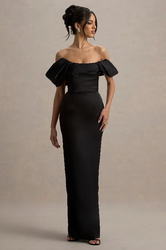 Short - length wedding dresses with a flirty skirt​ Sleeveless wedding guest dresses with ruffled hems Annita | Black Satin Bardot Maxi Dress