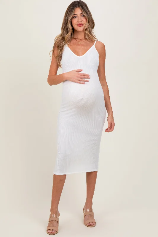 Maternity cocktail dress with sequin embellishments White Ribbed Cami Maternity Midi Dress