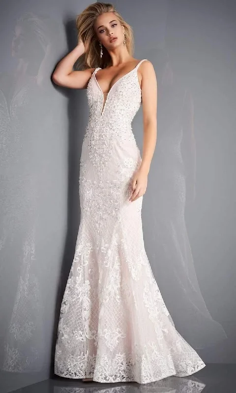 Maternity dress for a gender reveal party Jovani 66792 Embroidered Deep V Neck Trumpet Dress