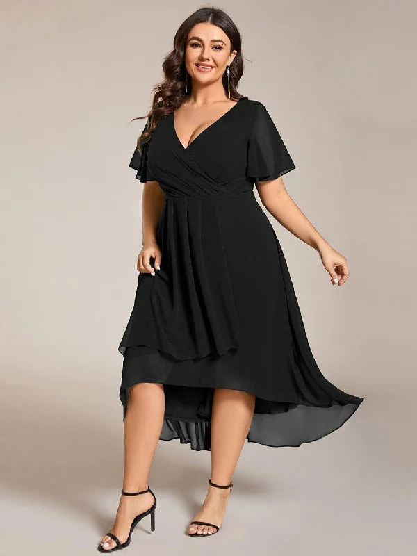 Strapless tulle wedding dresses for a fairy - tale feel​ Off - the - shoulder wedding guest dresses in chiffon pretty LARK|Plus Size Chiffon Short Sleeves Pleated V-Neck A-Line Midi Wedding Guest Dress