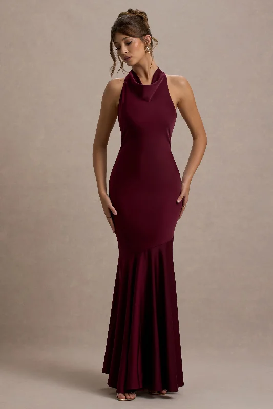 Wedding dresses with a bateau neckline for a classic shape​ Wedding guest dresses with tassel - adorned belts and A - line skirts Amelita | Port Satin Cowl-Neck Maxi Dress